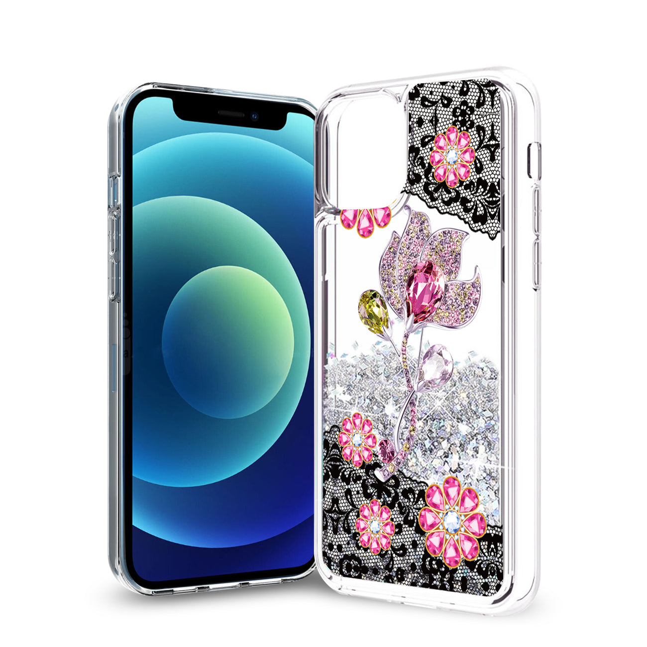 Reiko iPhone 12 Mini Glitter Case Moving Quicksand Silver Floral